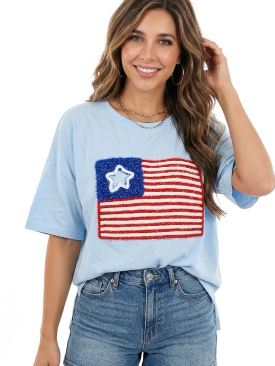 Tops - Light Blue Star-Stripe USA FLAG Oversized Graphic Tee - Women Sz medium American